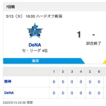 【試合結果】DB 1-1 T [5/12]　DeNA-阪神は延長12回引き分け 高寺が9回2死で同点HR