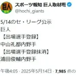 巨人、浦田を登録抹消　中山を一軍登録