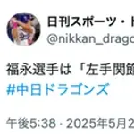登録抹消の中日福永、「左手関節の骨折」と診断