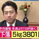【テレビ】米5キロ「3801円」平均価格「5週連続下落」小泉農水相が生出演の番組で「…初めて5週連続下がったってことんなったんです」