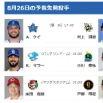 【8/26(火)の予告先発】ケイ(De)×村上頌樹(T)　【公示】竹田祐が登録抹消