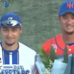 三上朋也投手、古巣DeNAとの最終戦で花束贈呈と胴上げが行われる