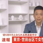 【速報】世田谷区の路上で女性が首を切られて意識不明の重体　男が逃走中