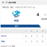 【3/20 OP戦 D4-3M】カリステ、2試合連発の3ランで連勝も、開幕投手の柳は3回2失点と心配…