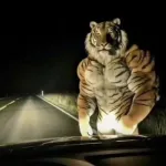【画像】夜道を車で走ってたらとんでもない虎が現れてしまうwwwwwwwwww
