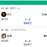 4/3セ順位　ヤクルト-阪神=-/広島/-巨人=DeNA中日