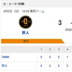 【試合結果】[2026/4/5] DeNAベイスターズ２－３読売ジャイアンツ　逆転負けで開幕から３カード連続負け越し　伊勢大夢が逆転３ラン被弾