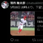【悲報】元広島・羽月隆太郎、本日20:00～tiktokで配信！【ゾンビたばこ】