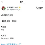 【広島】ハーンが痛恨の離脱…「右外腹斜筋損傷登」で登録抹消 監督選抜で初選出の球宴も辞退へ