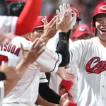 カープ持丸6号ホームラン！中日上林がグラブでアシスト→フェンス上部に当たりスタンドイン！！